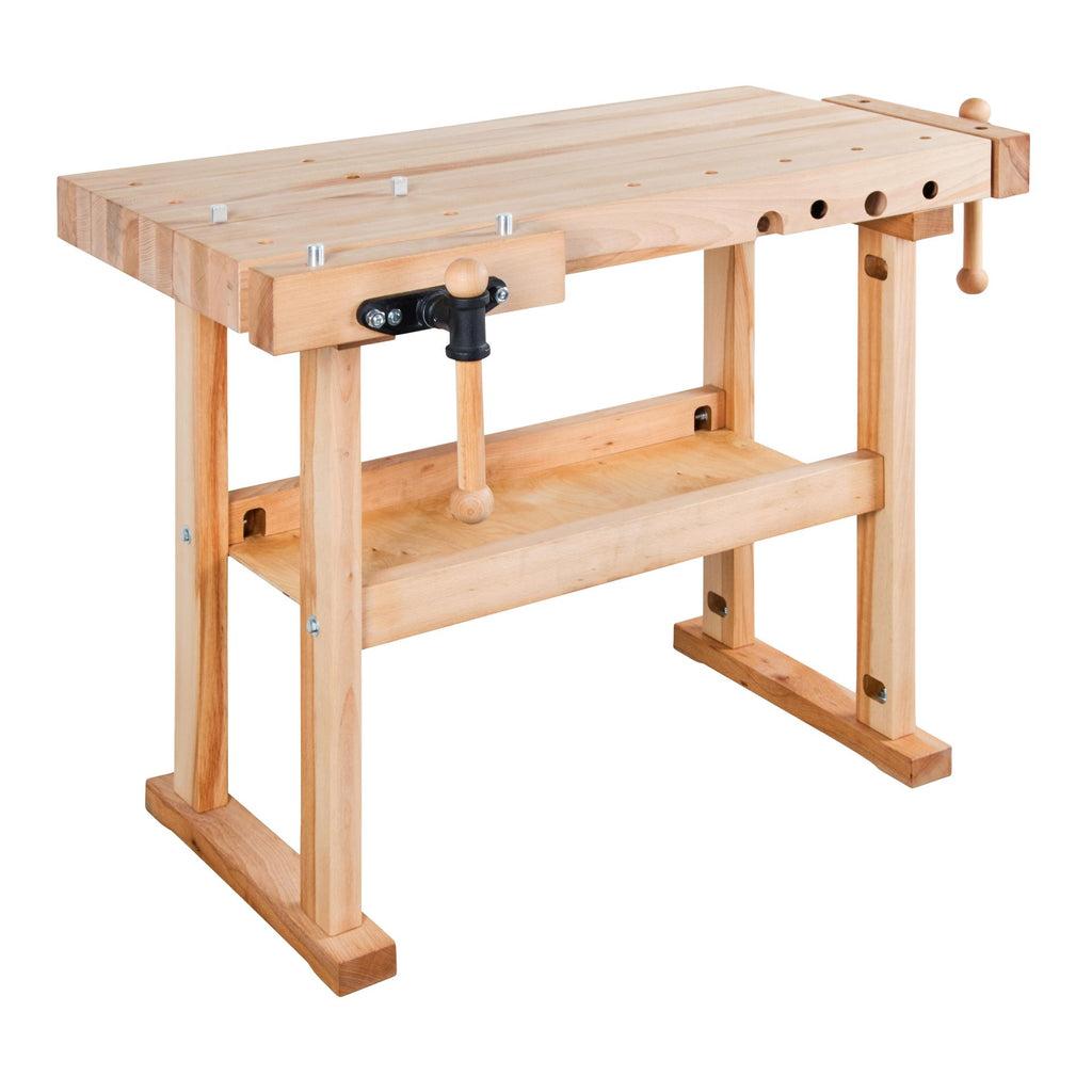 Banco da lavoro regolabile in altezza 1000x630mm con morsa doppia in legno