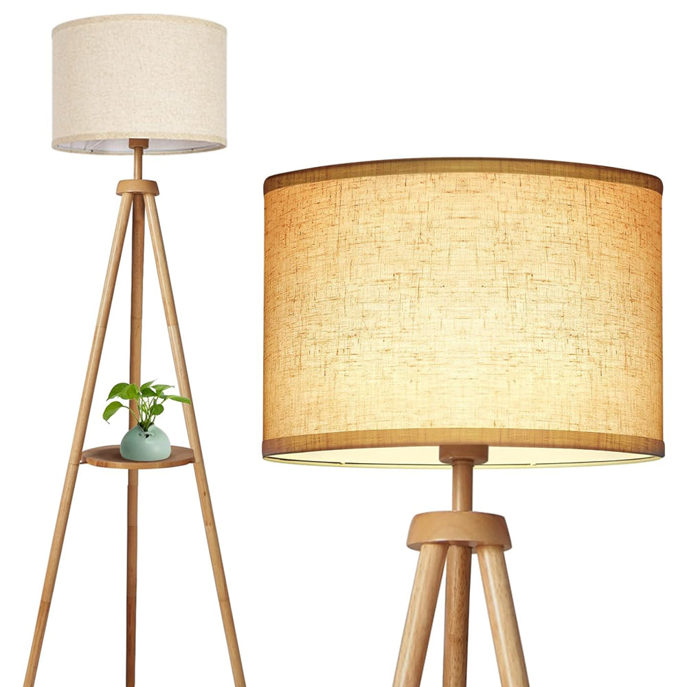 Piantana Treppiede in Legno con Ripiano – Lampada da Terra Moderna per Soggiorno, Camera e Ufficio – Frassino, Rovere, Noce