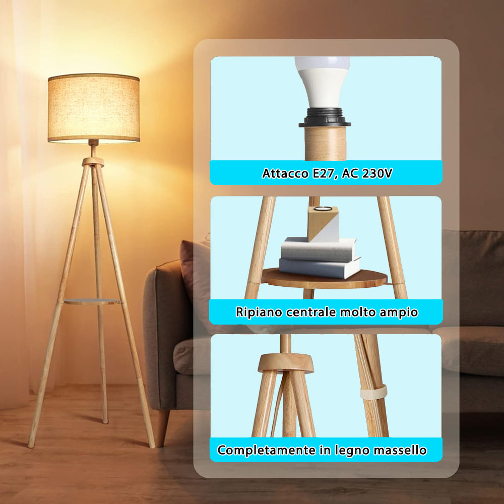 Piantana Treppiede in Legno con Ripiano – Lampada da Terra Moderna per Soggiorno, Camera e Ufficio – Frassino, Rovere, Noce