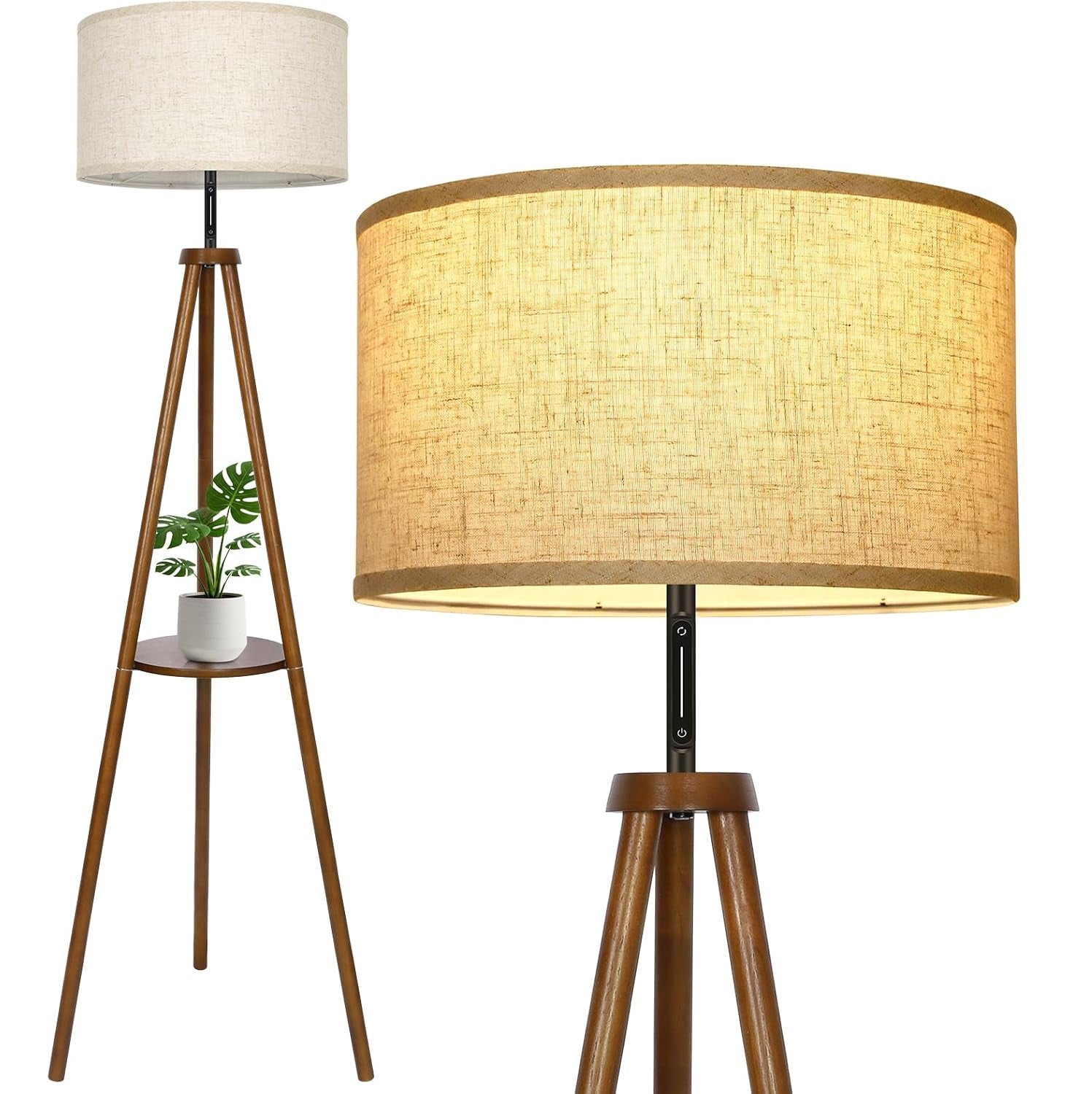 Piantana Treppiede in Legno con Ripiano – Lampada da Terra Moderna per Soggiorno, Camera e Ufficio – Frassino, Rovere, Noce